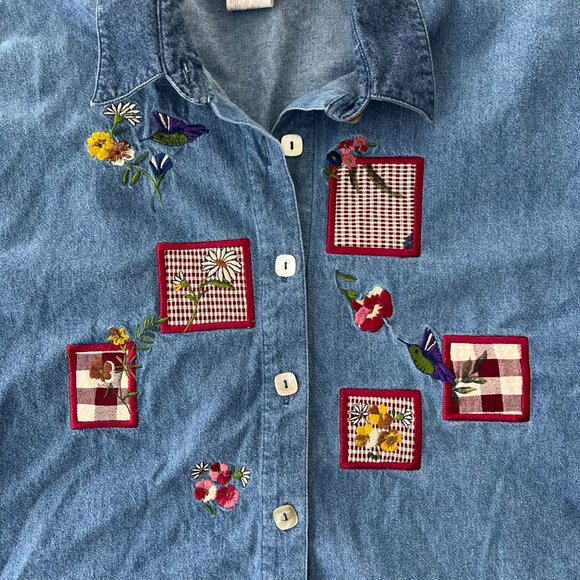 Vintage 90s Teddi Denim Shirt M | Embroidered Gingham Patchwork Button Up - Picture 2 of 6